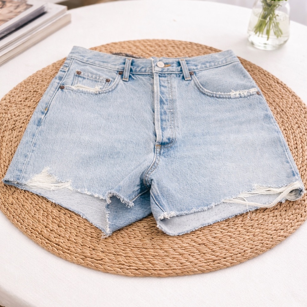 AGOLDE Mid Rise Button Fly Denim Shorts Raw Hem Vintage Wash Size 27